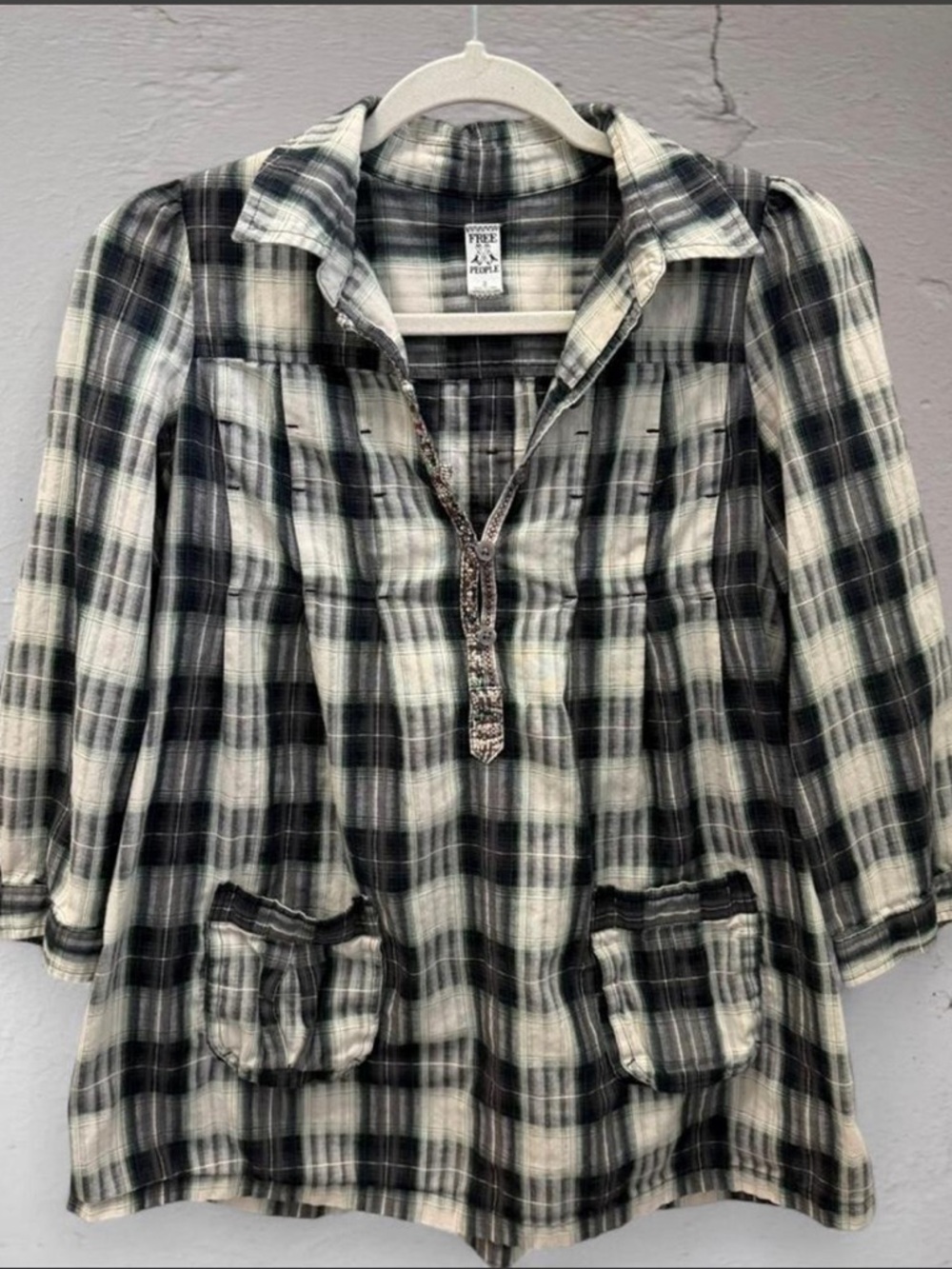 Vintage Free People Black, Cream Multicolored Plaid Peplum Button Up Blouse